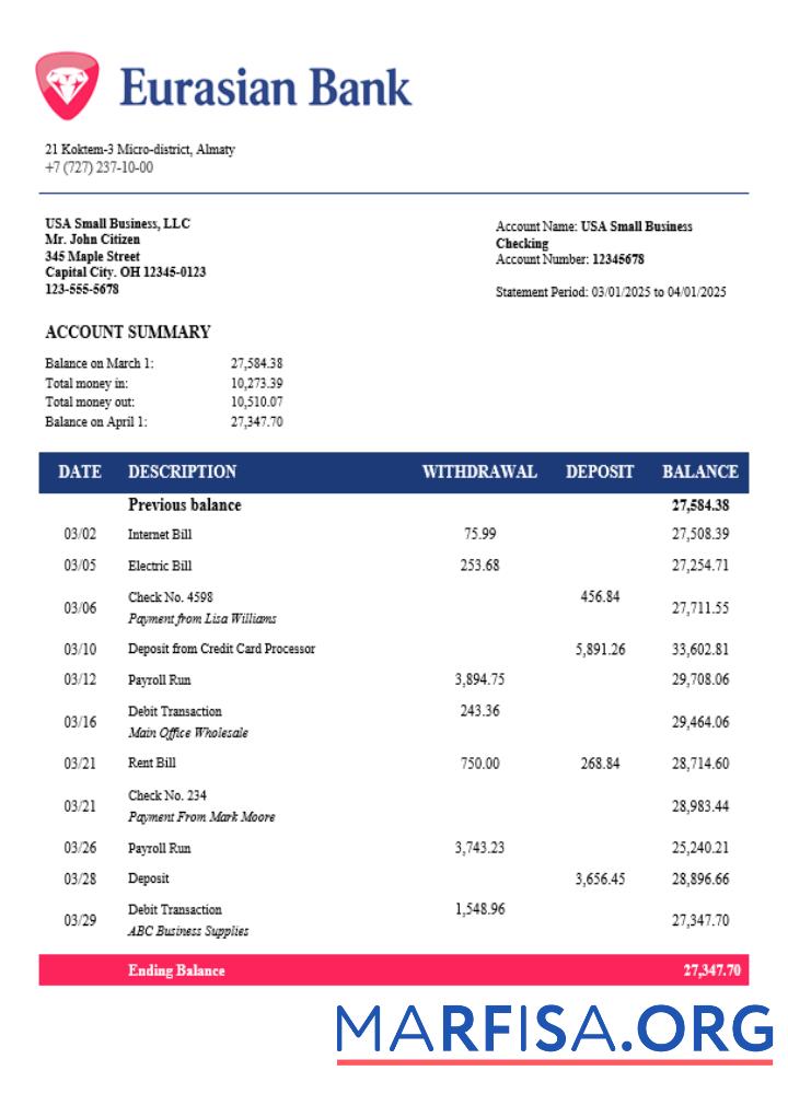 Blank Eurasian Bank business bank statement Word and PDF format real example